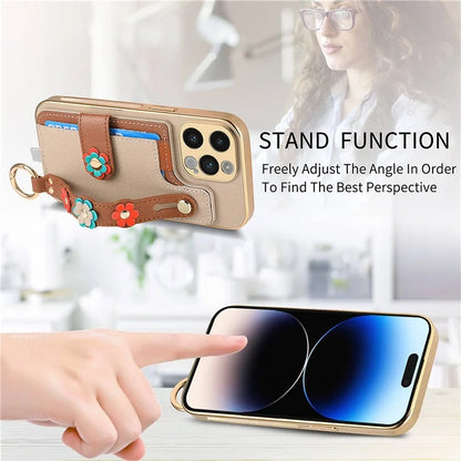 W2 For iPhone 14 Pro Max Case Kickstand Leather Back Protective Cover 3D Flower