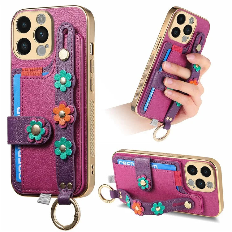 W2 For iPhone 14 Pro Max Case Kickstand Leather Back Protective Cover 3D Flower