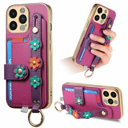 W2 For iPhone 14 Pro Max Case Kickstand Leather Back Protective Cover 3D Flower