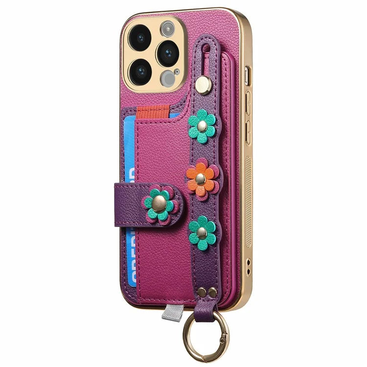W2 For iPhone 14 Pro Max Case Kickstand Leather Back Protective Cover 3D Flower