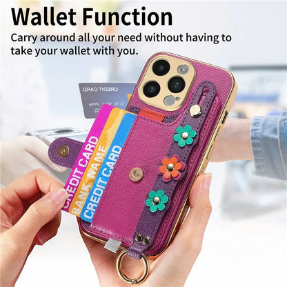 W2 For iPhone 14 Pro Max Case Kickstand Leather Back Protective Cover 3D Flower