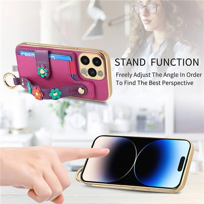 W2 For iPhone 14 Pro Max Case Kickstand Leather Back Protective Cover 3D Flower