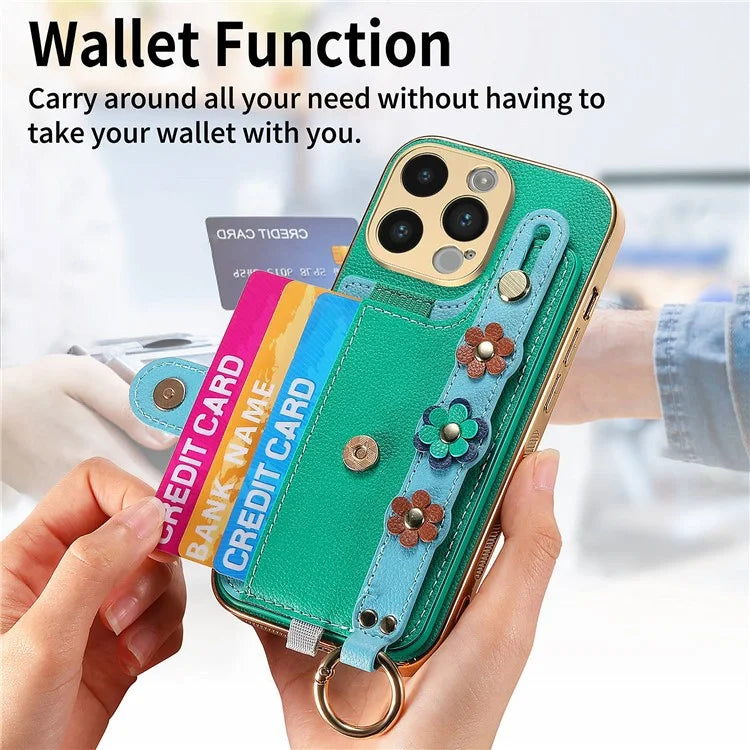 W2 For iPhone 14 Pro Max Case Kickstand Leather Back Protective Cover 3D Flower