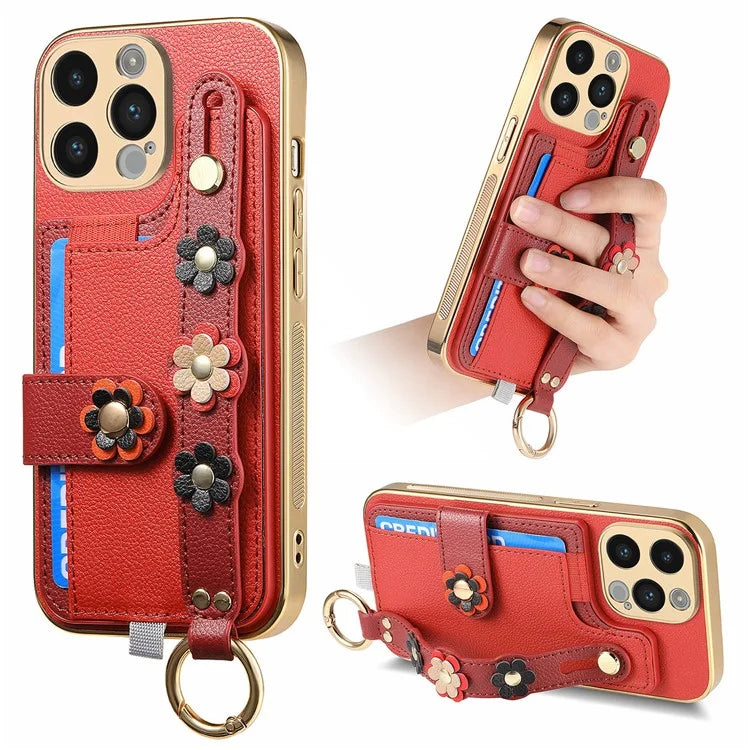 W2 For iPhone 14 Pro Max Case Kickstand Leather Back Protective Cover 3D Flower