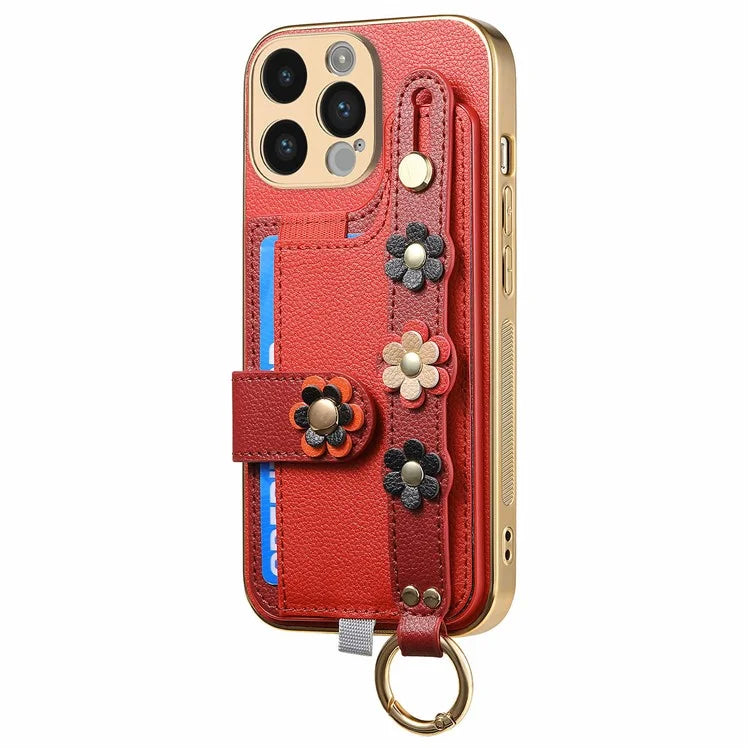 W2 For iPhone 14 Pro Max Case Kickstand Leather Back Protective Cover 3D Flower