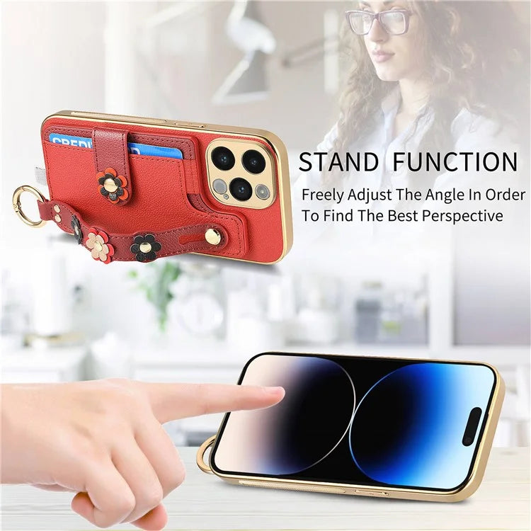 W2 For iPhone 14 Pro Max Case Kickstand Leather Back Protective Cover 3D Flower