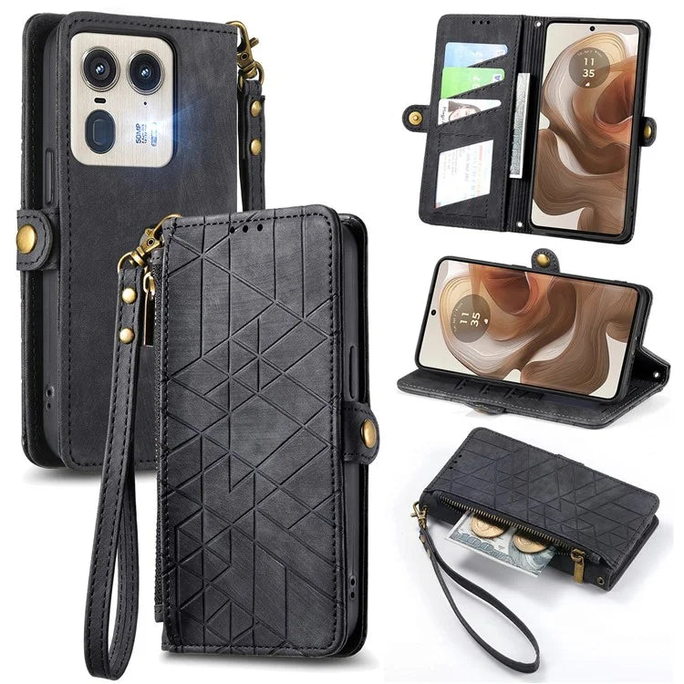 For Motorola Edge 50 Ultra 5G / Moto X50 Ultra 5G Case Zipper Wallet PU Leather Geometry Phone Cover