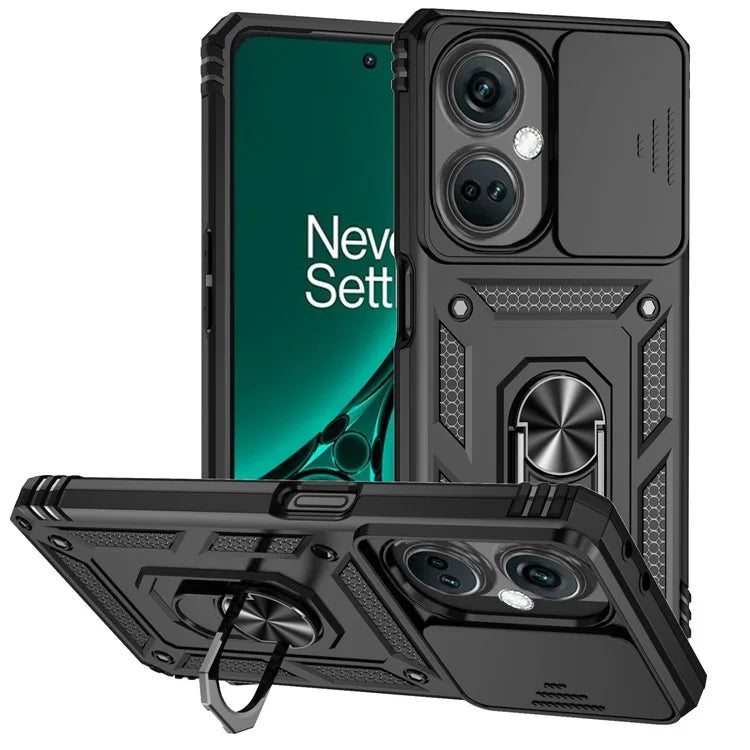 For OnePlus Nord CE3 5G Case Ring Kickstand PC+TPU Phone Protector with Slide Camera Cover