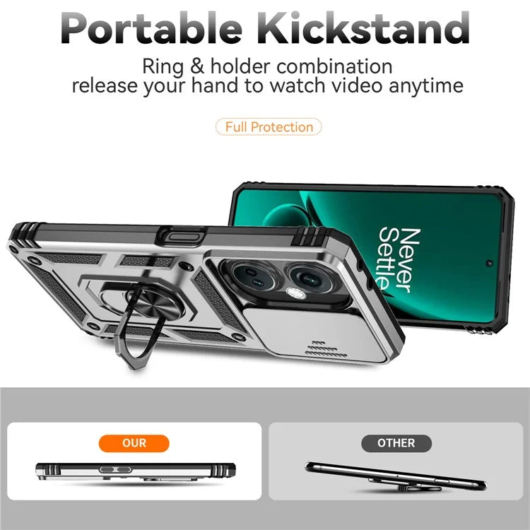 For OnePlus Nord CE3 5G Case Ring Kickstand PC+TPU Phone Protector with Slide Camera Cover