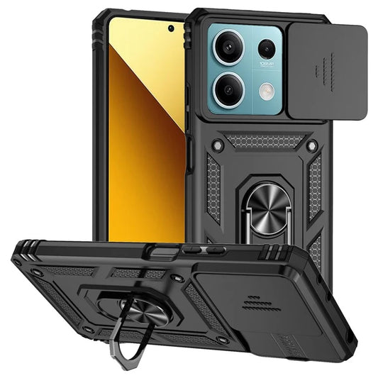 For Xiaomi Redmi Note 13 5G Case Car Mount Kickstand PC + TPU Phone Cover Slide Lens Protection
