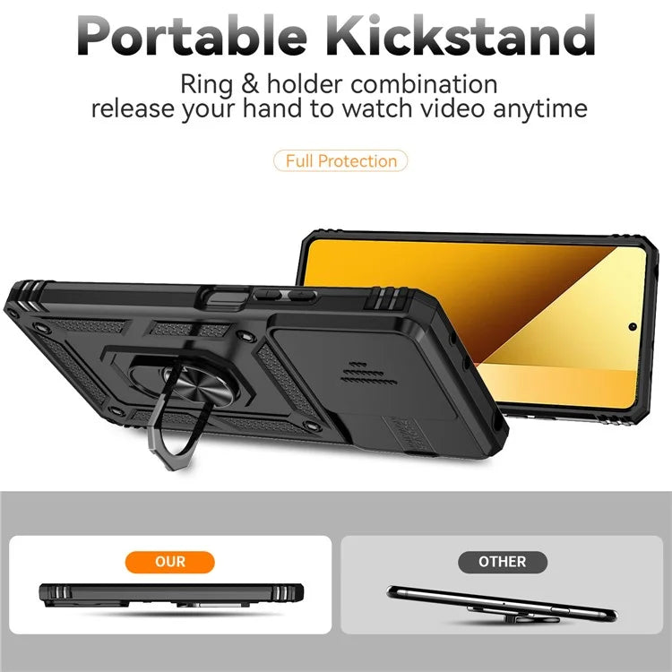 For Xiaomi Redmi Note 13 5G Case Car Mount Kickstand PC + TPU Phone Cover Slide Lens Protection