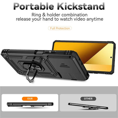 For Xiaomi Redmi Note 13 5G Case Car Mount Kickstand PC + TPU Phone Cover Slide Lens Protection