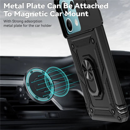 For Xiaomi Redmi Note 13 5G Case Car Mount Kickstand PC + TPU Phone Cover Slide Lens Protection