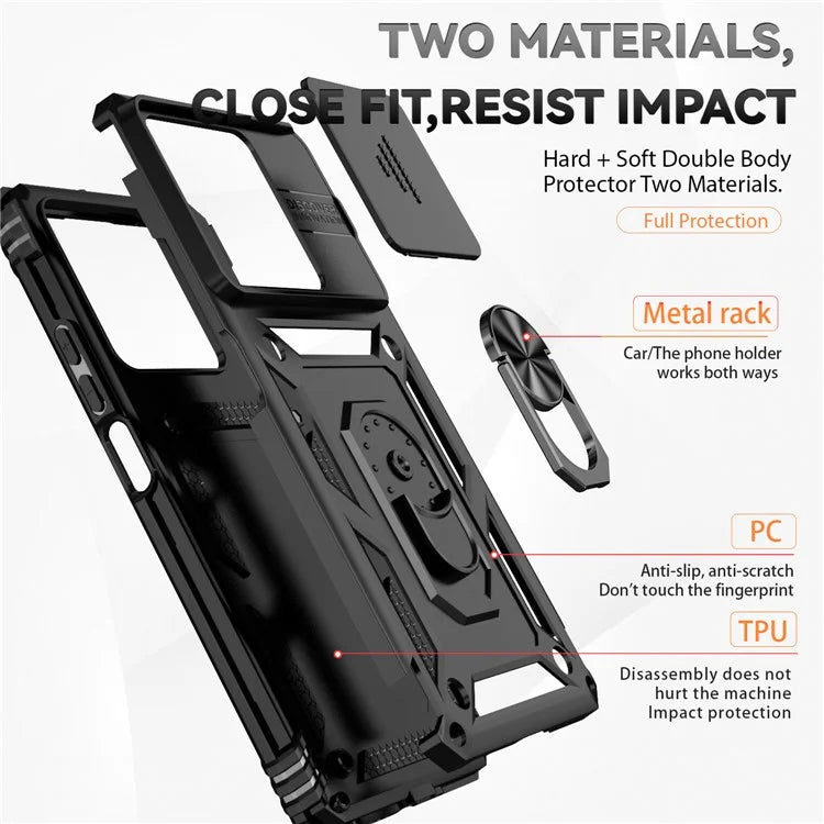 For Xiaomi Redmi Note 13 5G Case Car Mount Kickstand PC + TPU Phone Cover Slide Lens Protection