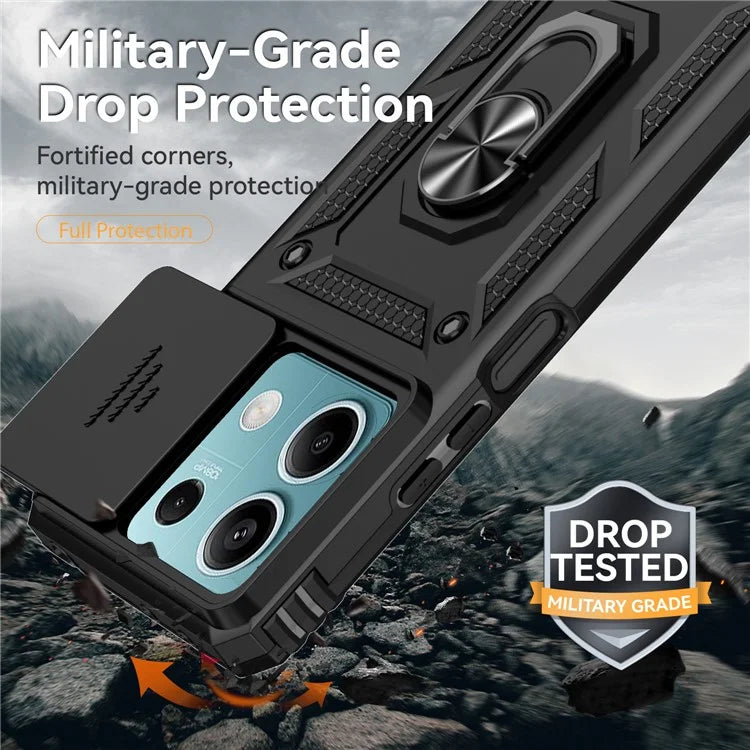 For Xiaomi Redmi Note 13 5G Case Car Mount Kickstand PC + TPU Phone Cover Slide Lens Protection