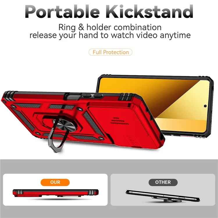 For Xiaomi Redmi Note 13 5G Case Car Mount Kickstand PC + TPU Phone Cover Slide Lens Protection