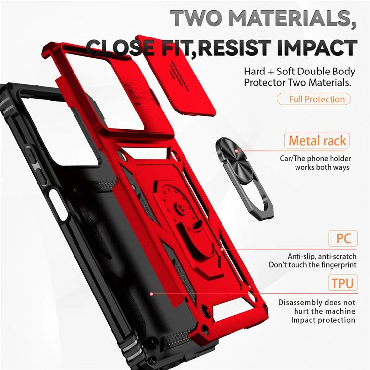 For Xiaomi Redmi Note 13 5G Case Car Mount Kickstand PC + TPU Phone Cover Slide Lens Protection