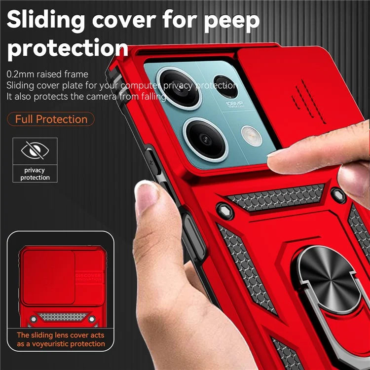 For Xiaomi Redmi Note 13 5G Case Car Mount Kickstand PC + TPU Phone Cover Slide Lens Protection