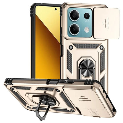 For Xiaomi Redmi Note 13 5G Case Car Mount Kickstand PC + TPU Phone Cover Slide Lens Protection