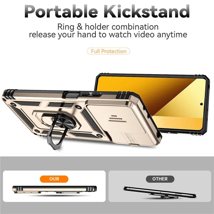 For Xiaomi Redmi Note 13 5G Case Car Mount Kickstand PC + TPU Phone Cover Slide Lens Protection