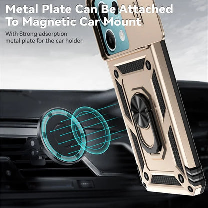 For Xiaomi Redmi Note 13 5G Case Car Mount Kickstand PC + TPU Phone Cover Slide Lens Protection