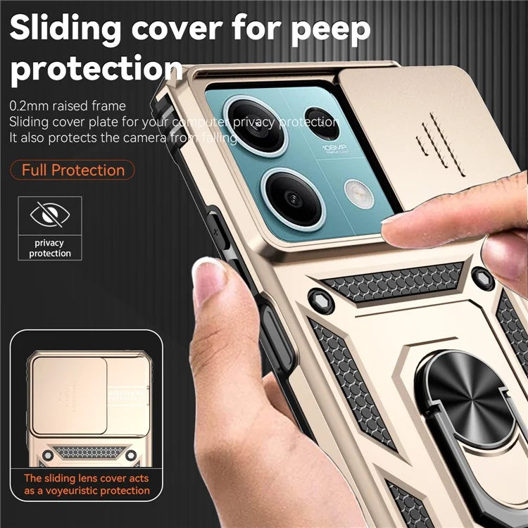 For Xiaomi Redmi Note 13 5G Case Car Mount Kickstand PC + TPU Phone Cover Slide Lens Protection