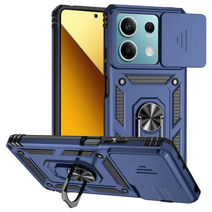 For Xiaomi Redmi Note 13 5G Case Car Mount Kickstand PC + TPU Phone Cover Slide Lens Protection
