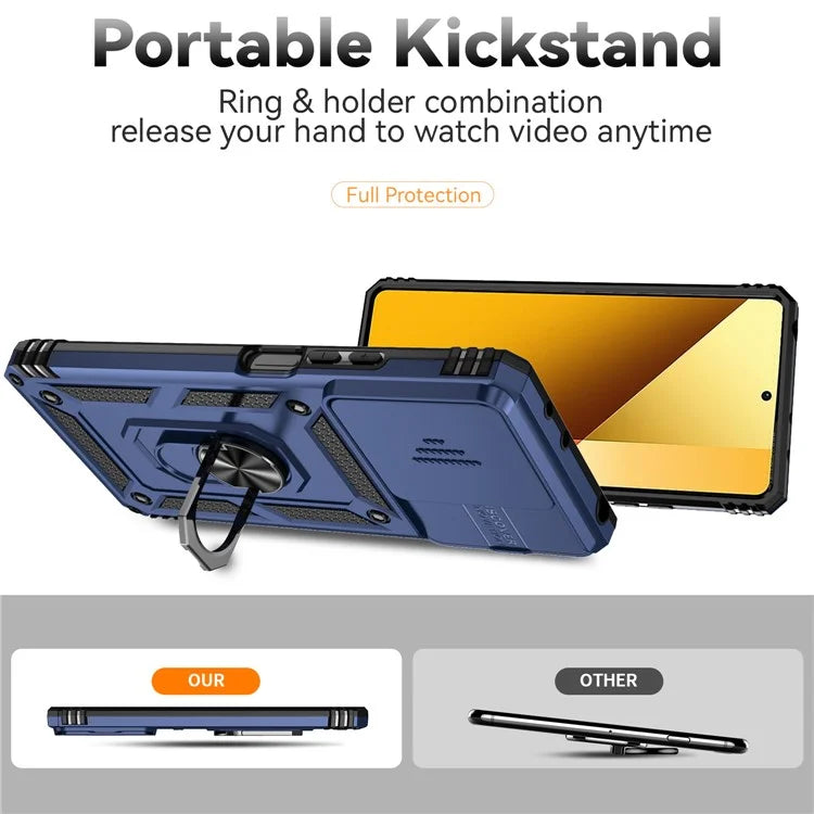 For Xiaomi Redmi Note 13 5G Case Car Mount Kickstand PC + TPU Phone Cover Slide Lens Protection