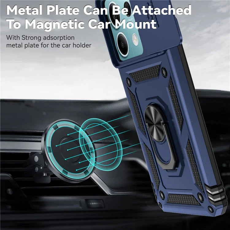 For Xiaomi Redmi Note 13 5G Case Car Mount Kickstand PC + TPU Phone Cover Slide Lens Protection