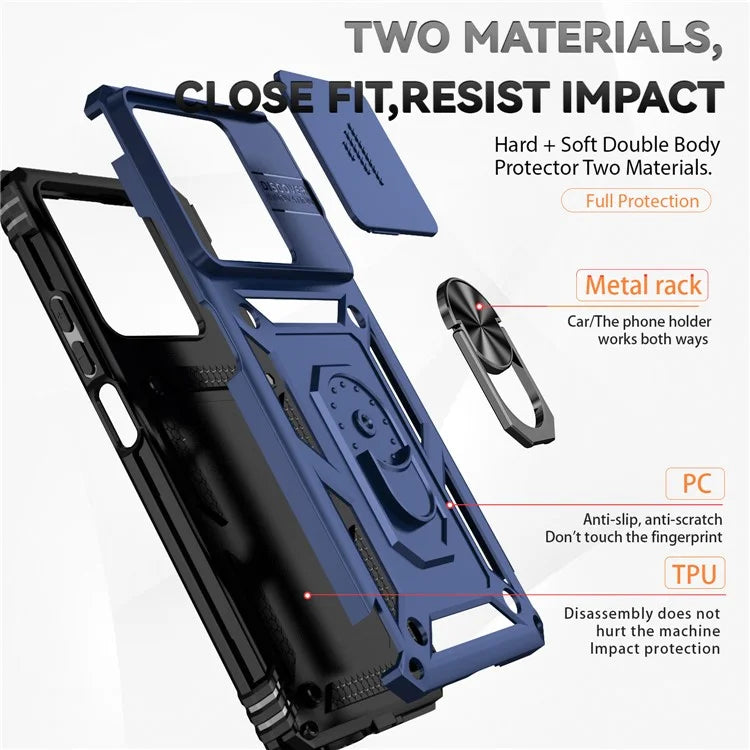 For Xiaomi Redmi Note 13 5G Case Car Mount Kickstand PC + TPU Phone Cover Slide Lens Protection