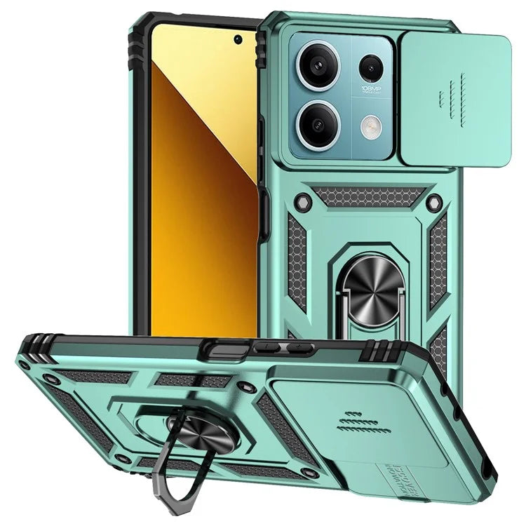 For Xiaomi Redmi Note 13 5G Case Car Mount Kickstand PC + TPU Phone Cover Slide Lens Protection