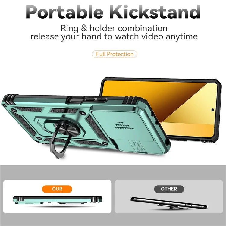For Xiaomi Redmi Note 13 5G Case Car Mount Kickstand PC + TPU Phone Cover Slide Lens Protection