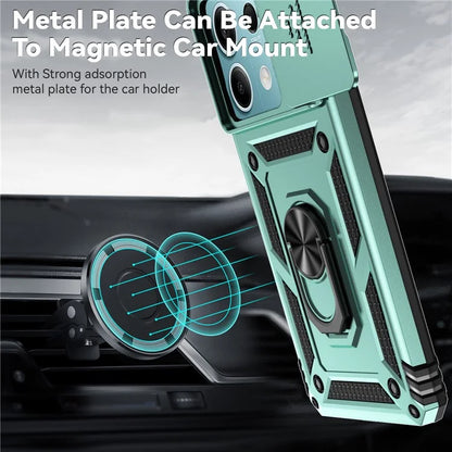 For Xiaomi Redmi Note 13 5G Case Car Mount Kickstand PC + TPU Phone Cover Slide Lens Protection