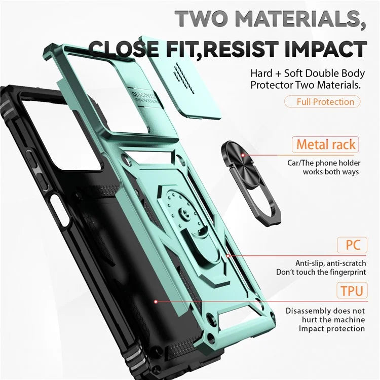 For Xiaomi Redmi Note 13 5G Case Car Mount Kickstand PC + TPU Phone Cover Slide Lens Protection