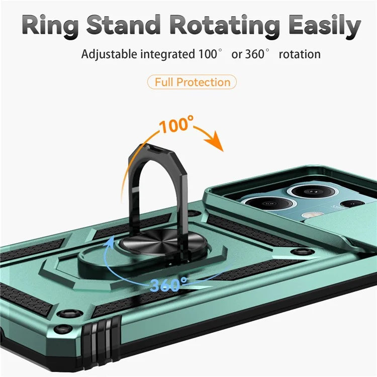 For Xiaomi Redmi Note 13 5G Case Car Mount Kickstand PC + TPU Phone Cover Slide Lens Protection
