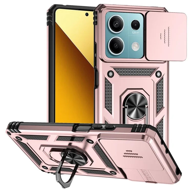 For Xiaomi Redmi Note 13 5G Case Car Mount Kickstand PC + TPU Phone Cover Slide Lens Protection