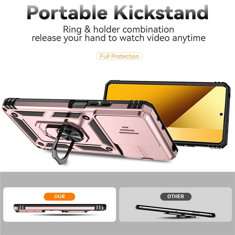 For Xiaomi Redmi Note 13 5G Case Car Mount Kickstand PC + TPU Phone Cover Slide Lens Protection