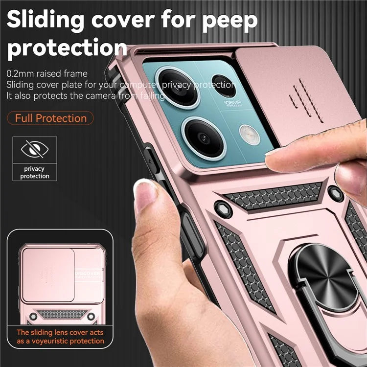 For Xiaomi Redmi Note 13 5G Case Car Mount Kickstand PC + TPU Phone Cover Slide Lens Protection