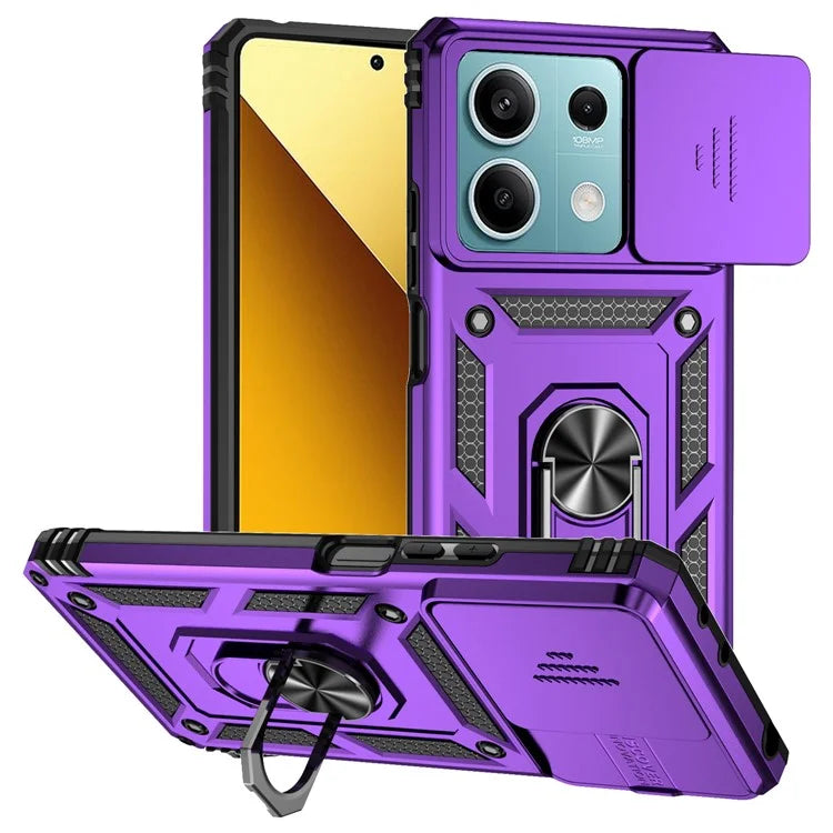 For Xiaomi Redmi Note 13 5G Case Car Mount Kickstand PC + TPU Phone Cover Slide Lens Protection