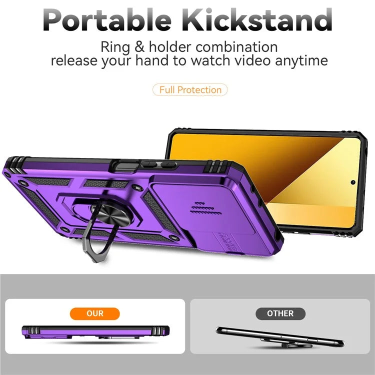 For Xiaomi Redmi Note 13 5G Case Car Mount Kickstand PC + TPU Phone Cover Slide Lens Protection