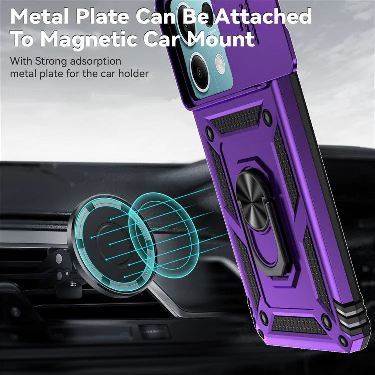For Xiaomi Redmi Note 13 5G Case Car Mount Kickstand PC + TPU Phone Cover Slide Lens Protection