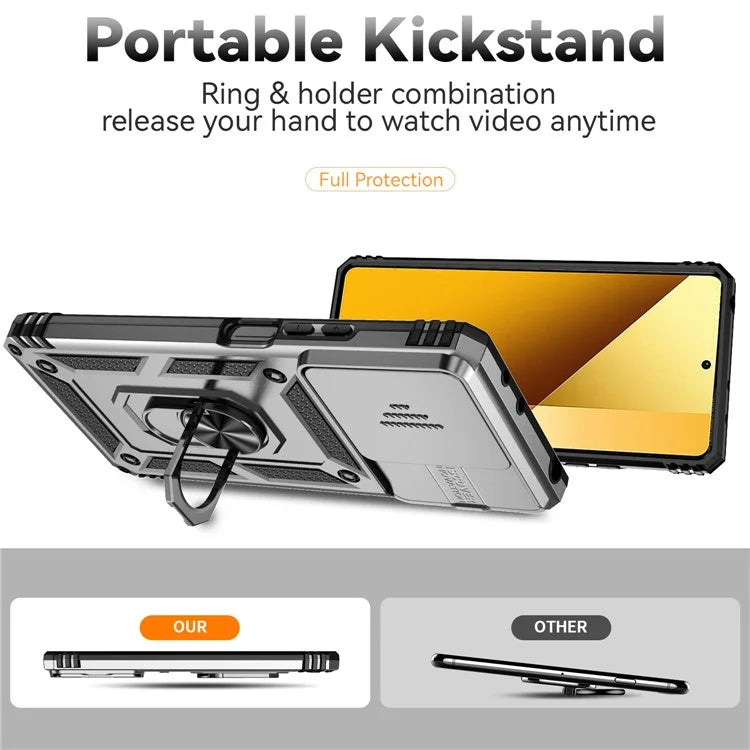 For Xiaomi Redmi Note 13 5G Case Car Mount Kickstand PC + TPU Phone Cover Slide Lens Protection