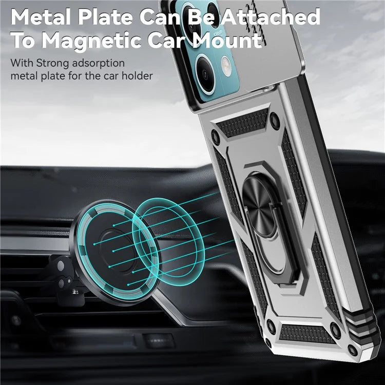 For Xiaomi Redmi Note 13 5G Case Car Mount Kickstand PC + TPU Phone Cover Slide Lens Protection