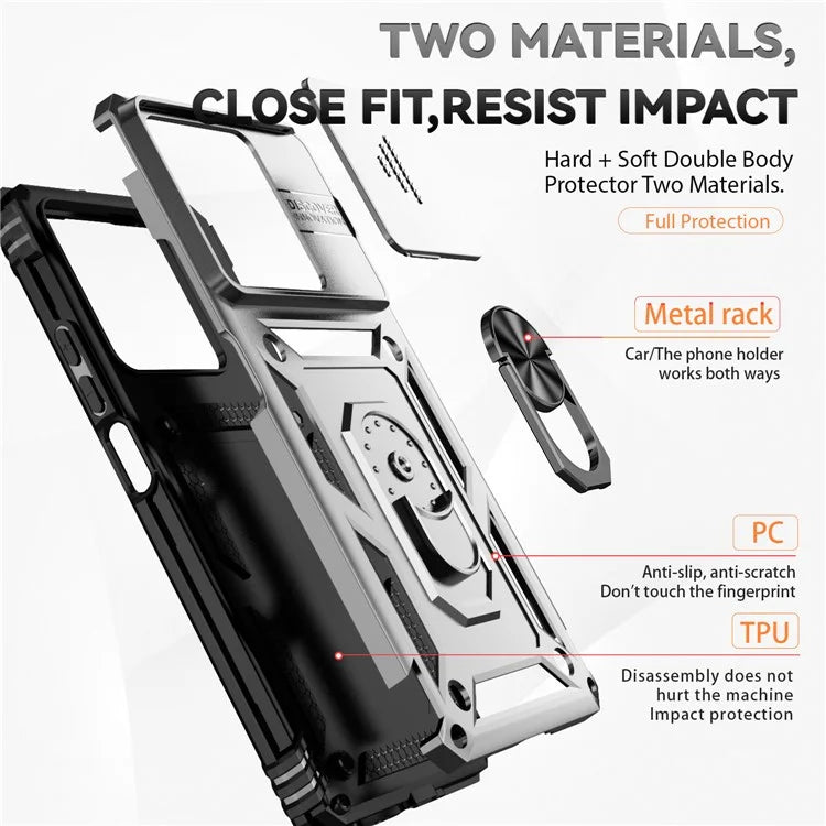 For Xiaomi Redmi Note 13 5G Case Car Mount Kickstand PC + TPU Phone Cover Slide Lens Protection