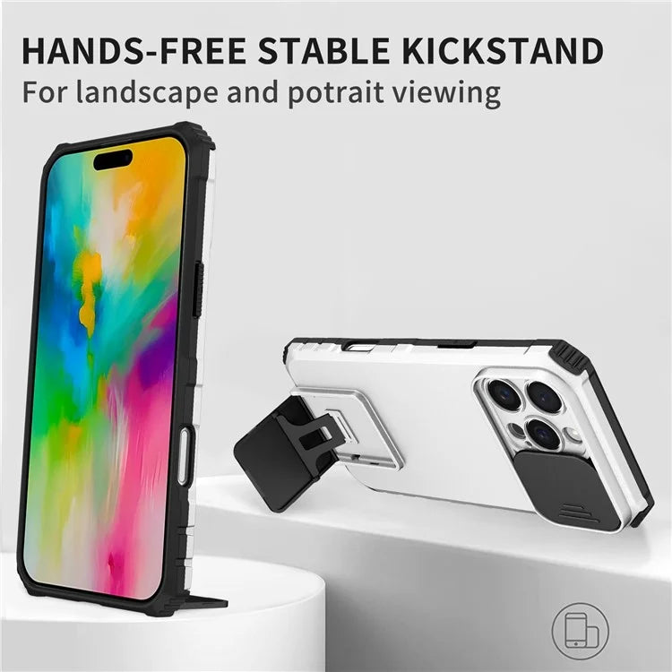 For iPhone 16 Pro Max Case Camera Slider PC + TPU Phone Cover with Kickstand