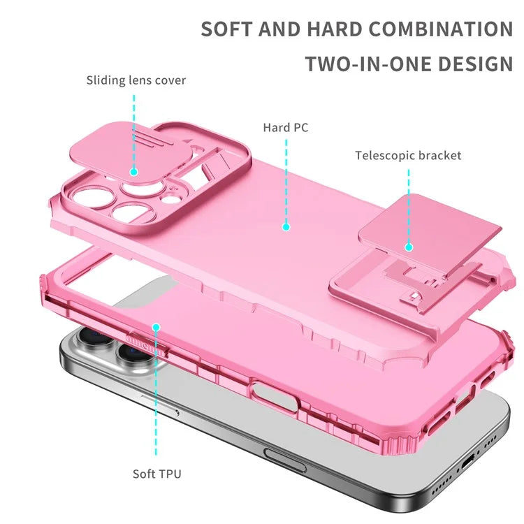 For iPhone 16 Pro Max Case Camera Slider PC + TPU Phone Cover with Kickstand