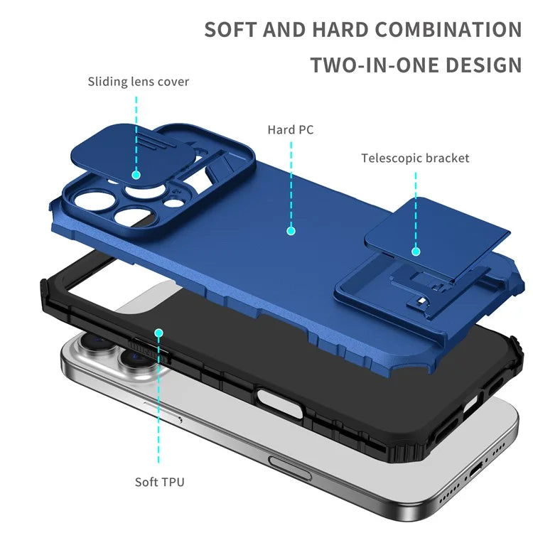 For iPhone 16 Pro Max Case Camera Slider PC + TPU Phone Cover with Kickstand