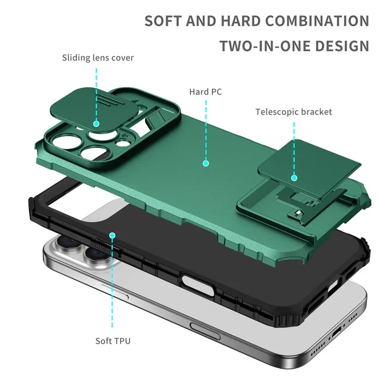 For iPhone 16 Pro Max Case Camera Slider PC + TPU Phone Cover with Kickstand