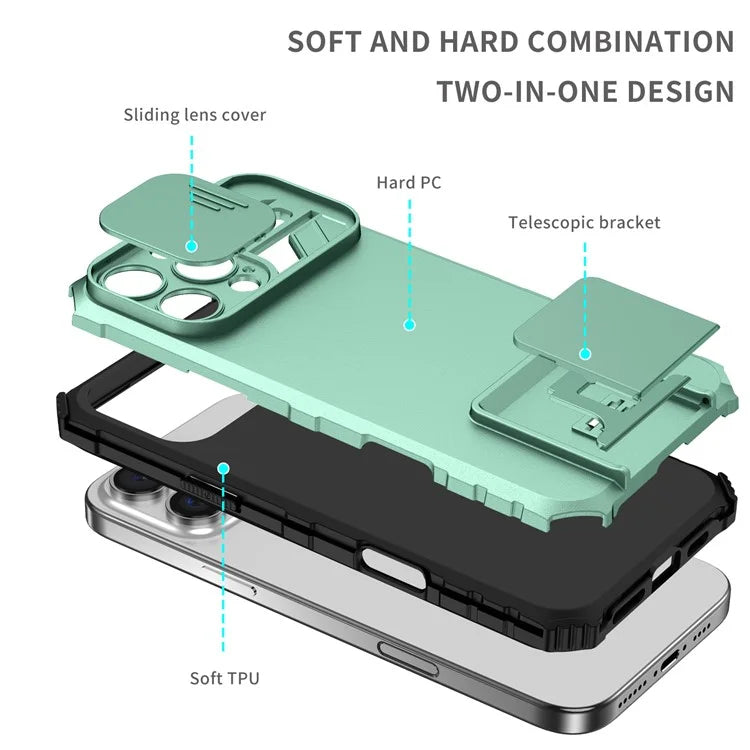 For iPhone 16 Pro Max Case Camera Slider PC + TPU Phone Cover with Kickstand