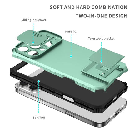 For iPhone 16 Pro Max Case Camera Slider PC + TPU Phone Cover with Kickstand